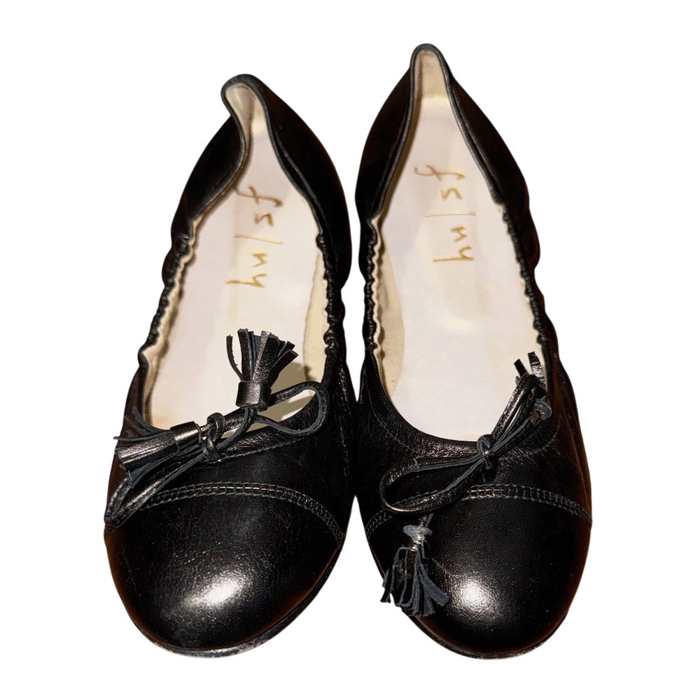 French Sole FS/NY Black Leather Ballet Flats Tassel Bow Round Toe Womens 8.5 B